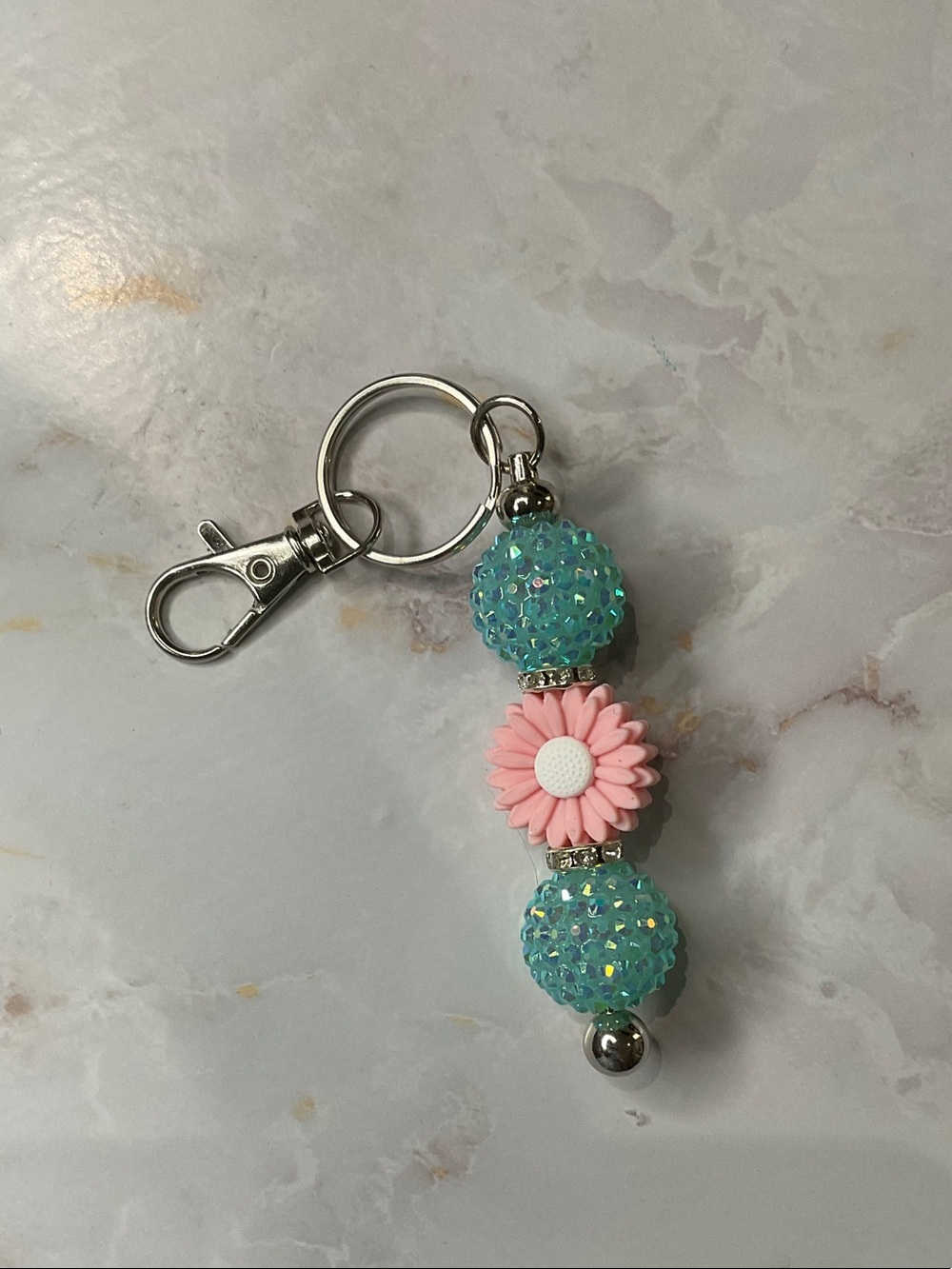 Hand Crafted Turquoise and Pink Beaded Keychain with Flower Accent